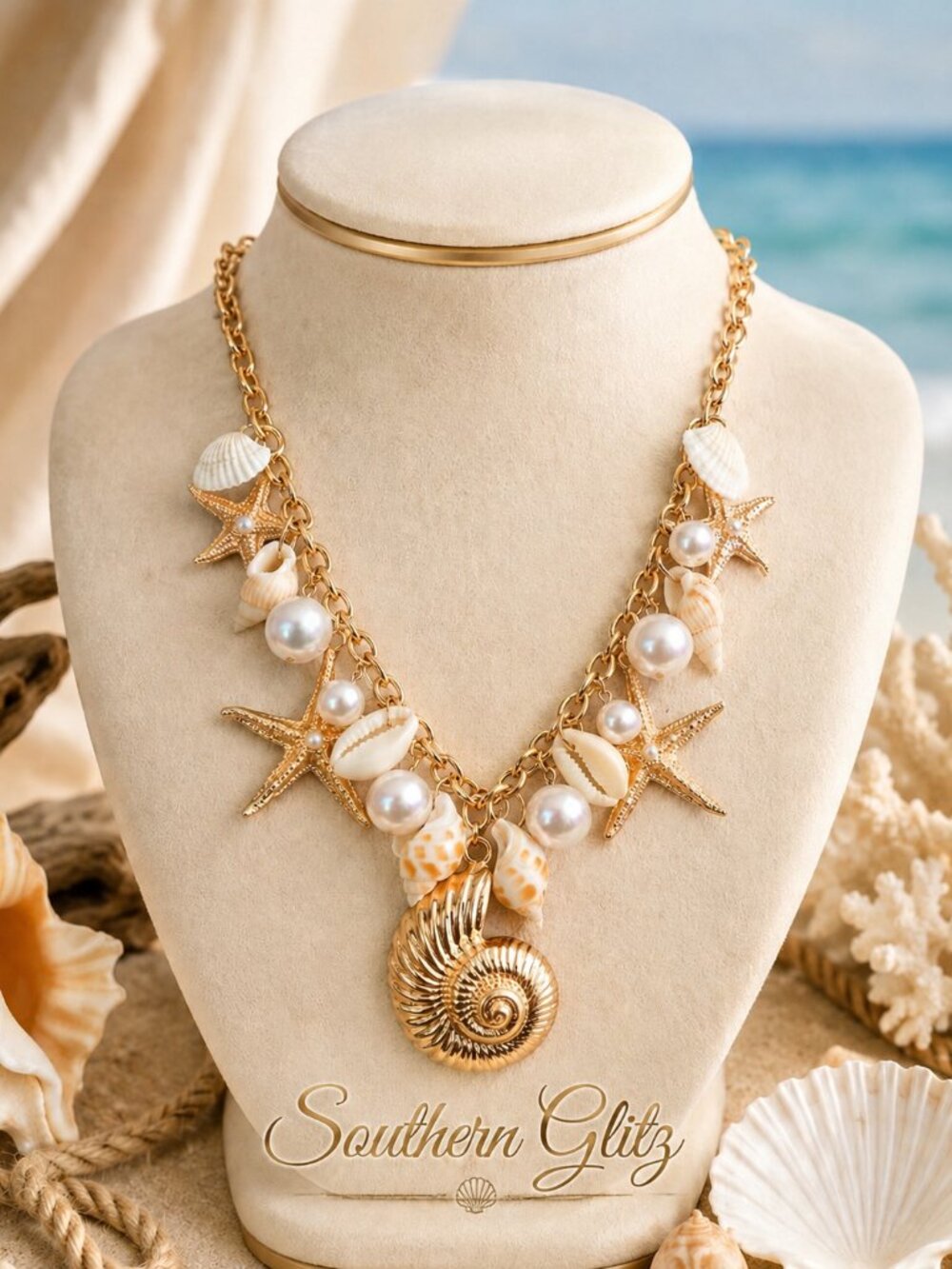 Gold Seashell Statement Necklace, Nautical Beach Charm Necklace, Pearl Starfish